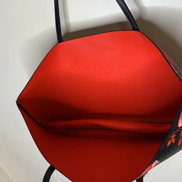 Victoria’s Secret | Large Black Leather Red & Pink Floral Tote Bag  Romantic NWT - Picture 5 of 8